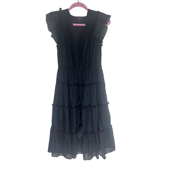 J.Crew Re-Imagined Women's Black Ruffle Tiered Midi Dress Cotton Blend - Picture 1 of 15
